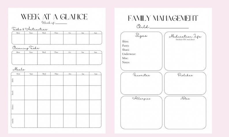 May include: Two-page planner with a pink background. The left page is for weekly tasks and meals, with sections for tasks, cleaning, and meals. The right page is for family management, including sizes, medication info, favorites, dislikes, allergies, and notes.