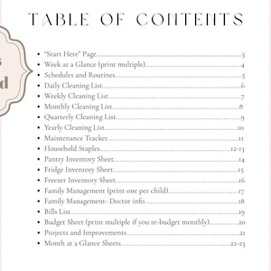May include: A planner page with a table of contents, including lists for cleaning, inventory, and family management. The text "What's included" is in a decorative frame. The background is light pink.