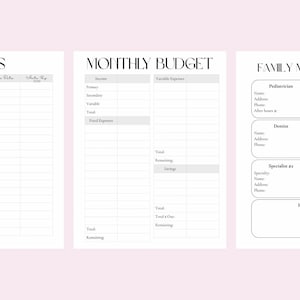 May include: Three-panel printable planner pages with headings: "Bills", "Monthly Budget", and "Family Management". The pages are white with black text and lines, ideal for organizing finances and contacts.