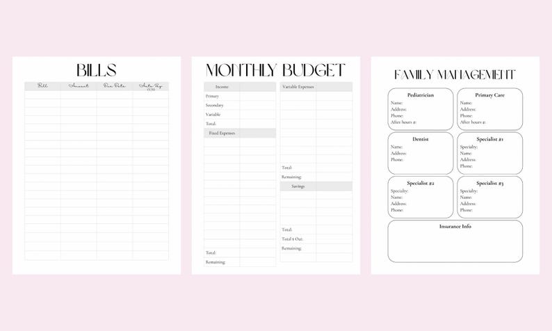 May include: Three-panel printable planner pages with headings: "Bills", "Monthly Budget", and "Family Management". The pages are white with black text and lines, ideal for organizing finances and contacts.