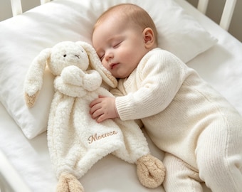 Couverture personnalisée Lovey pour bébé, couverture douce de sécurité lapin, doudou avec nom personnalisé, cadeau nouveau-né, jouet lovey lapin ours chien
