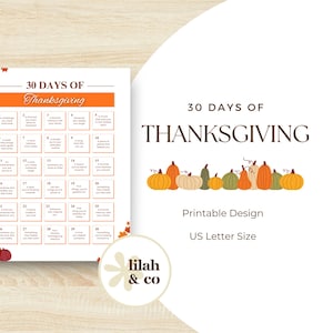Puede incluir: Un calendario imprimible de Acción de Gracias con el texto "30 días de Acción de Gracias". El diseño incluye calabazas, hojas de otoño y el texto "Printable Design" y "US Letter Size."