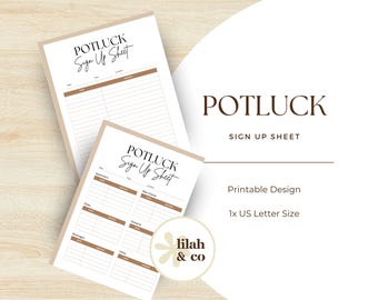 Op de afbeelding: Twee witte, bedrukbare potluck-inschrijvingsvellen met bruine accenten en de tekst "POTLUCK Sign Up Sheet". De vellen liggen op een licht houtnerfoppervlak. Het ontwerp bevat de tekst "Printable Design" en "1x US Letter Size".