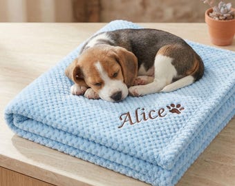 Custom Embroidered Coral Fleece Pet Blanket, Personalized Dog Cat Name Gift