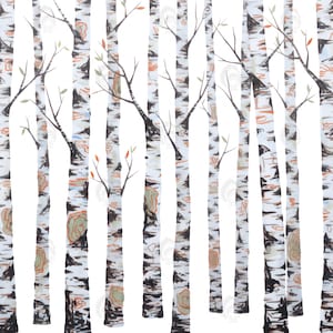 May include: A repeating pattern of birch trees with white bark, black markings, and sparse branches with small green and orange leaves. The trees are arranged vertically against a white background, creating a natural, forest-like design.