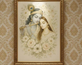 インドの神ラーダー・クリシュナのファインプリントポスター（フレーム