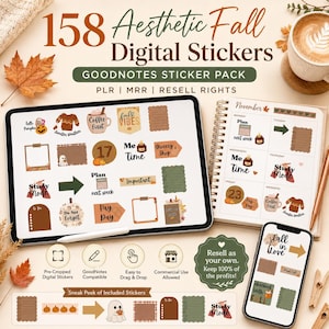 158 Fall GoodNotes Stickers, PLR MRR Digital Sticker Bundle