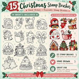 May include: A digital set of 15 Christmas stamp brushes for Procreate featuring hand-drawn holiday illustrations. The collection includes line art designs of a penguin, stocking, deer, Santa, snowman, cocoa, gingerbread, candy canes, snow globe, lantern, poinsettia, gingerbread house, star cookies, Christmas tree, and gift boxes, with colored examples.