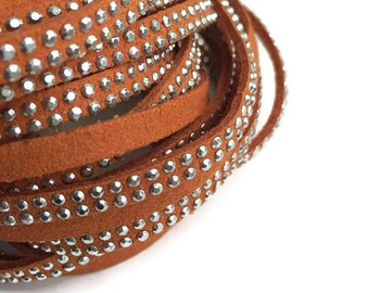 5mm Brown Faux Suede Leather Cord Rhinestone Beaded Cord Two Lines Silver Rhinestones S 40 243