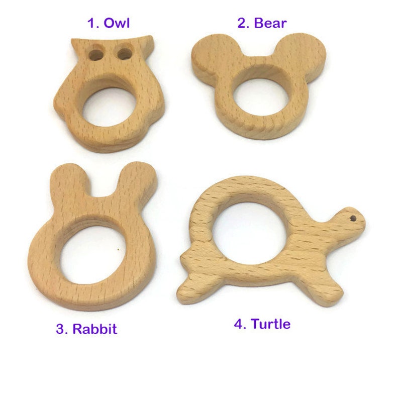 Wooden Teether, Natural Wood Teether, DIY Teething Toy, Owl, Turtle