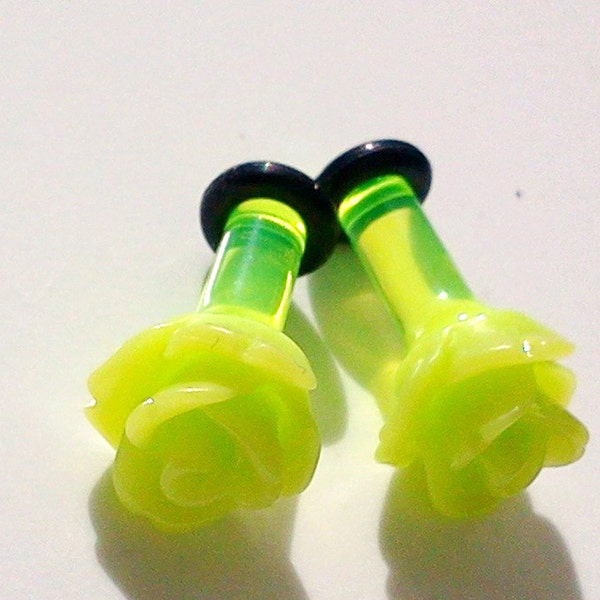 6g 4mm Lime Neon Green Rose Flower Plugs Decora Kawaii Kitsch Floral Stretched Ears Gauges