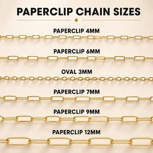 May include: Image showcasing various gold-colored paperclip chain sizes. The text "PAPERCLIP CHAIN SIZES" is at the top. Chains are labeled: 4mm, 6mm, 3mm oval, 7mm, 9mm, and 12mm. The chains are displayed horizontally.