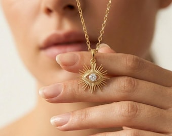 Gold Plated Dainty Evil Eye Sun Pave Necklace, Protector Necklace, Tiny Evil Eye Necklace, Emerald Necklace, Talisman Necklace, Gift for her