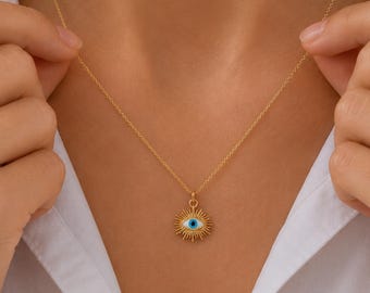 Gold Plated Minimalist Enamel Evil Eye Necklace, Protector Necklace, Evil Eye Necklace, Enamel Necklace, Talisman Necklace, Gift for her