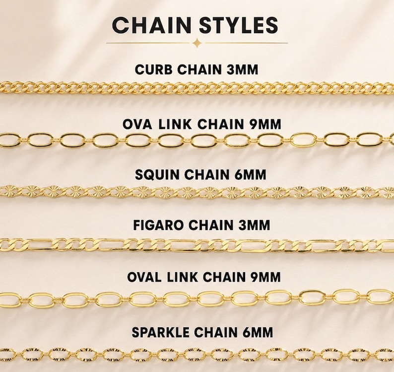 May include: Image showcasing various gold-colored chain styles. The image includes Curb Chain 3mm, Ova Link Chain 9mm, Squin Chain 6mm, Figaro Chain 3mm, Oval Link Chain 9mm, and Sparkle Chain 6mm. The text "CHAIN STYLES" is at the top.
