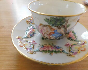 RARE- Antique CAPODIMONTE Cup and Saucer, Blue N with Crown Mark, ca:1800