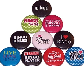 I Love Bingo Set of 10 Buttons 1" or 1.5" Pin Back Buttons or Magnets Bingo Player Party Favors