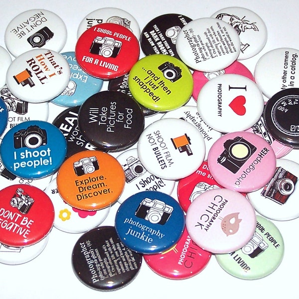 Photographer Pins (10 Pack), Photography Party Favors, 1" or 1.5" or 2.25" Pin Back Buttons or Magnets, Photographer Gift, Camera Buttons