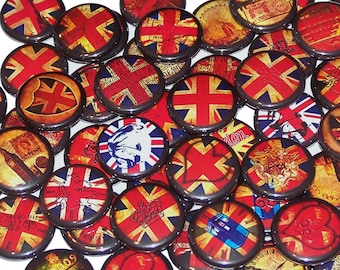 British Themed Party Favors Pins (10 Pack), 1" or 1.5" or 2.25" Pin Back Buttons or Magnets, London England Buttons