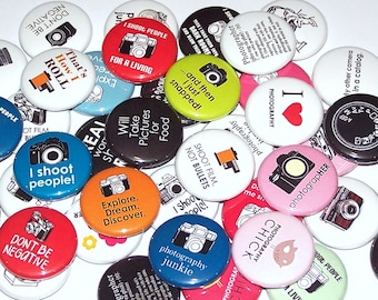 Photographer Pins (10 Pack), Photography Party Favors, 1" or 1.5" or 2.25" Pin Back Buttons or Magnets, Photographer Gift, Camera Buttons