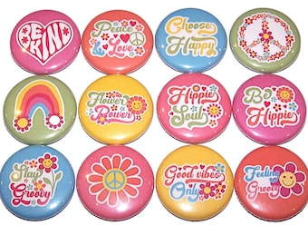 Botones de recuerdo de fiesta de los 70 con un toque de estilo (paquete de 12), botones o imanes con cierre de alfiler de 2,5 cm, 3,8 cm o 5,7 cm, alfileres de los 70, botones hippies, símbolos de la paz