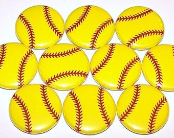 Softball Balls Pins (10 Pack), Softball Party Favors, 1" or 1.5" or 2.25" Pinback Buttons or Magnets, Softball Player Gift, Sports Balls Pin