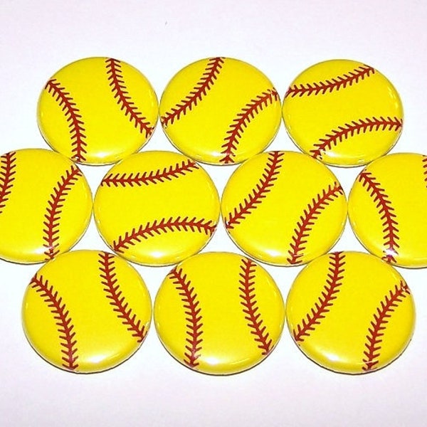 Softball Balls Pins (10 Pack), Softball Party Favors, 1" or 1.5" or 2.25" Pinback Buttons or Magnets, Softball Player Gift, Sports Balls Pin
