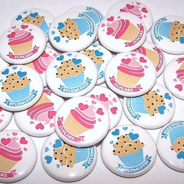 Cupcake or Studmuffin Gender Reveal Party (20 Pack) Buttons Baby Shower Favor 1" or 1.5" or 2.25" Pin Back Button Team Pink or Blue Pins