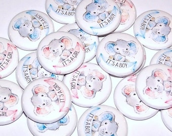 Botones para fiesta de revelación de género con temática de elefante (paquete de 20) Little Peanut Baby Shower Favor Botón con alfiler de 1", 1,5" o 2,25" Imanes rosados y azules