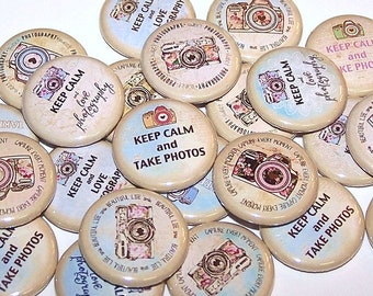 Love Photography Pins (10 Pack), Camera Party Favors, 1" or 1.5" or 2.25" Pin Back Buttons or Magnets, Photographer Buttons, Take Photos