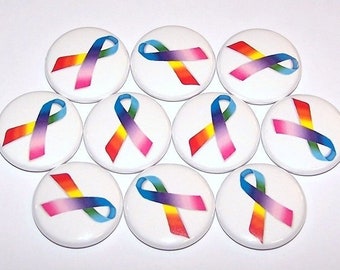 Multi-Color Rainbow Ribbon Awareness Ribbon Pins (10 Pack), All Cancer Support, 1" or 1.5" or 2.25" Pinback Pin Back Buttons or Magnets