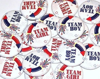 Little Firecracker Gender Reveal Party (20 Pack) Buttons Baby Shower Favor 1" or 1.5" or 2.25" Pin Back Button Red White Blue Team Boy Girl