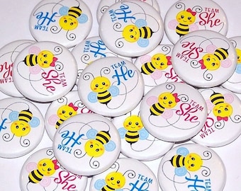 What Will It Bee Gender Reveal Party (20 Pack) Buttons Baby Shower Favor 1" or 1.5" or 2.25" Pin Back Button Yellow Black Pink Blue Magnets