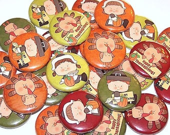 Thanksgiving Pilgrim Pins (10 Pack), Happy Thanksgiving Party Favors, Turkey Pin Back Buttons, 1" or 1.5" or 2.25" Pin Back Button or Magnet