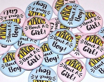 Taco Gender Reveal Pins (20 Pack) Taco Bout a Baby Boy or Girl Buttons Baby Shower Favor 1", 1.5" or 2.25" Pin Back Button Pink Blue Fiesta
