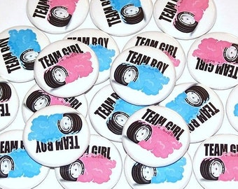 Burnout Tires Gender Reveal Party Pins (20 Pack) Buttons Baby Shower Favor 1", 1.5" or 2.25" Pin Back Button Pink Blue Smoke Burn Out Wheels