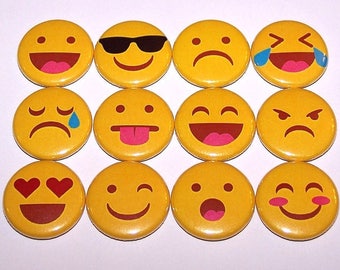 Emoji Smiley Faces Pins (12 Pack), Emoticons Pinbacks, 1" or 1.5" or 2.25" Pin Back Buttons or Magnets, Emotions, Expressions