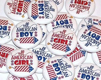 All American Boy Girl Gender Reveal Party (20 Pack) Buttons Baby Shower Favor 1" or 1.5" or 2.25" Pin Back Button Red White Blue Firecracker