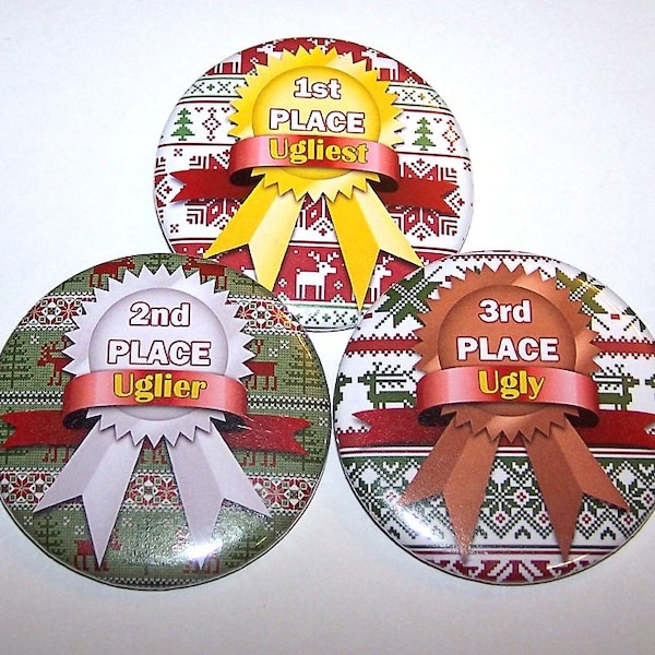 Ugly Sweater Awards, 2.25" Pins (3 Pack), Ugly Sweater Prize Ribbon, Pin Back Buttons, Tacky Sweater Party Awards Badge, Ugly Uglier Ugliest