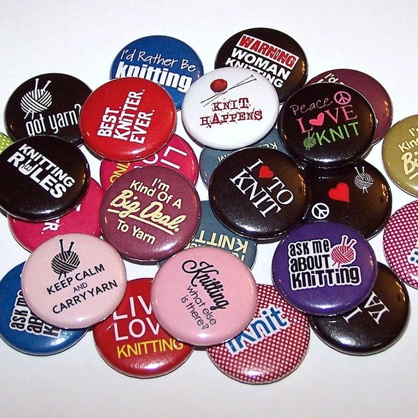 I Love Knitting Pins (10 Pack), Knitter Gift, 1" or 1.5" or 2.25" Pinback Buttons or Magnets, Knit Theme, Knitting Pinbacks Party Favors