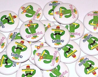 Cactus Gender Reveal Party (20 Pack) Buttons Señor Señorita Baby Shower Favor 1" or 1.5" or 2.25" Pin Back Button Fiesta Mustache Sombrero