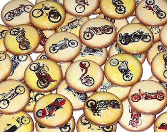 Vintage Style Motorcycle Pins (10 Pack) Biker Pinback Buttons, Party Favors, 1" or 1.5" or 2.25" Pin Back Button or Magnets, Retro Street