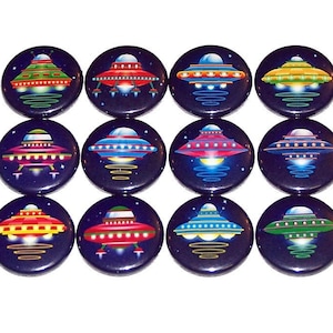 UFO Spaceships Party Favors (12 Pack) Pinbacks, 1&quot; or 1.5&quot; or 2.25&quot; Pin Back Buttons or Magnets, Outerspace Birthday, Alien Theme, Astronaut