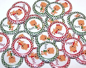 Reindeer Polka Dots Gender Reveal Party (20 Pack) Buttons Baby Shower Favor 1" or 1.5" or 2.25" Pin Back Button Red Green  Magnets