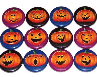 Halloween Jack-O-Lantern Pumpkin Pins (12 Pack), Party Favors, 1" or 1.5" or 2.25" Pin Back Buttons or Magnets, Pumpkin Faces, Fall Party