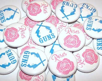 Guns or Roses Blue Pink Gender Reveal Party (20 Pack) Buttons Baby Shower Favor 1" or 1.5" or 2.25" Pin Back Button Team Girl or Boy Pins