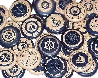 Nautical Mix Pins (10 Pack), 1" or 1.5" or 2.25" Pin Back Buttons or Magnets, Anchor Pins, Sailboat, Sailing, Navy Nautical Party Favors