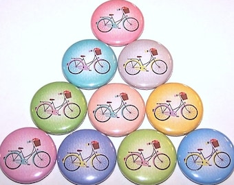 Pastel Bicycle Pins (10 Pack), Bike Party Favors, 1" or 1.5" or 2.25" Pin Back Button or Magnets, Bike Rider Gift, Biking Cycling Pinbacks