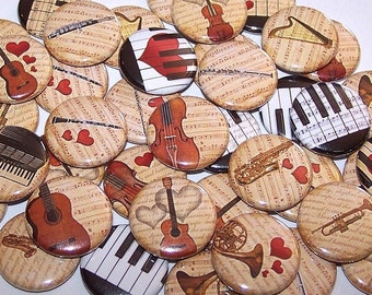 Music Instruments Pins (10 Pack) Musical Instrument Buttons, Party Favors,  1" or 1.5" or 2.25" Pin Back Buttons or Magnets, Symphony Band