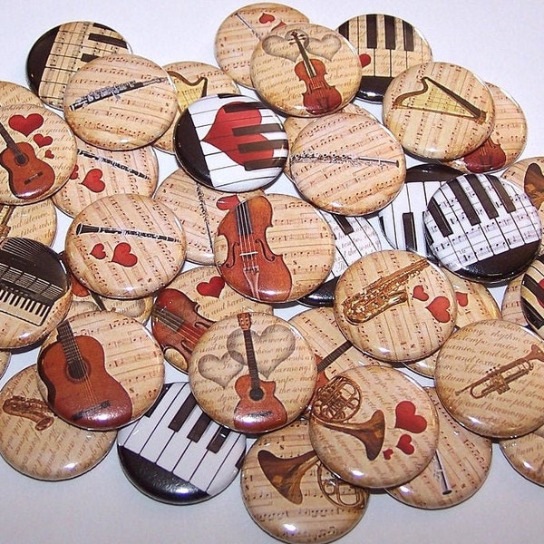 Music Instruments Pins (10 Pack) Musical Instrument Buttons, Party Favors,  1" or 1.5" or 2.25" Pin Back Buttons or Magnets, Symphony Band